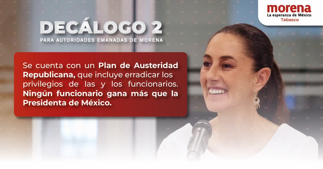 Compromiso con la Austeridad Republicana. 

En Morena trabajamos para erradicar los privilegios y garantizar que ningún funcionario gane más que la Presidenta de México. Un gobierno más justo y al servicio del pueblo. 🇲🇽 

#AusteridadRepublicana #Morena #Transformación"