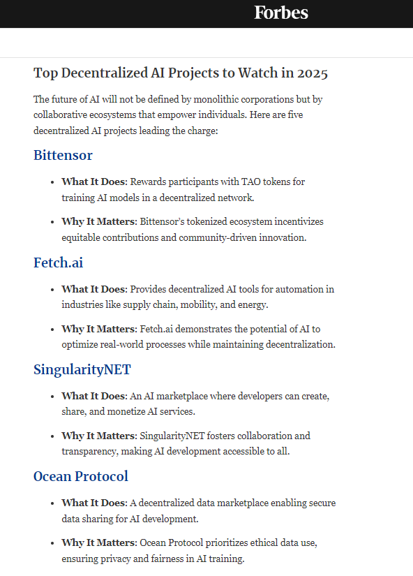 BREAKING: Forbes.com features $FET $OCEAN $AGIX $TAO as top decentralized AI projects to watch in 2025