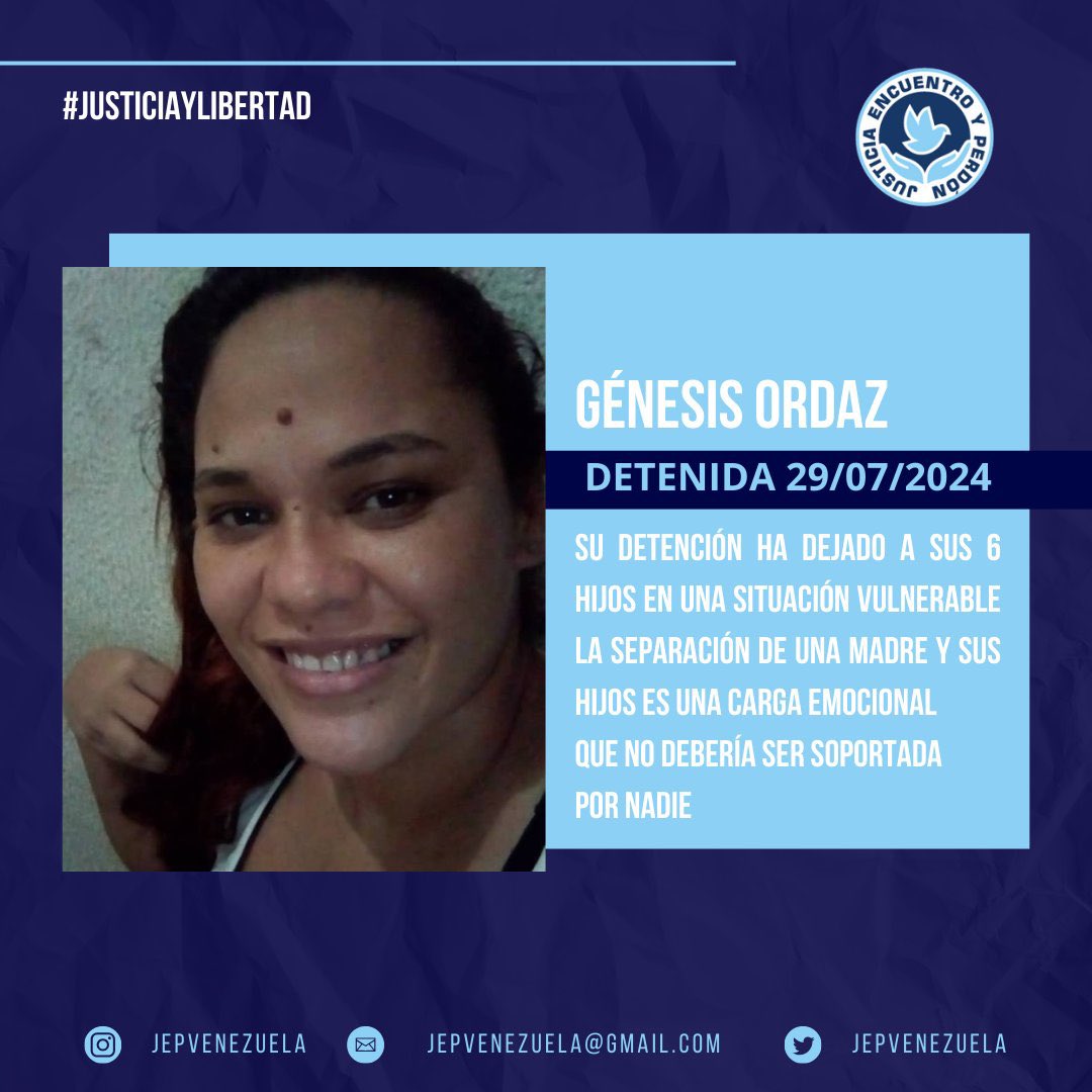 JEPvzla's tweet photo. Génesis Ordaz es una madre de seis niños pequeños que dependen de su amor y cuidado. Génesis fue detenida en el contexto poselectoral en Margarita, y su ausencia ha dejado a sus hijos en una situación vulnerable y llena de incertidumbre.

Es fundamental recordar que cada día que pasa sin su madre es un día de angustia para esos pequeños, quienes necesitan de su apoyo y guía. La separación de una madre y sus hijos es una carga emocional que no debería ser soportada por nadie, y menos aún en circunstancias tan difíciles.

Pedimos a las autoridades que reconsideren su situación y le otorguen la libertad que tanto necesita, no solo por su bienestar, sino también por el de sus hijos.

Libertad para Génesis Ordaz y para todas las madres que, como ella, están enfrentando situaciones injustas. 

#JusticiaYLibertad #NavidadSinPresosPolíticos