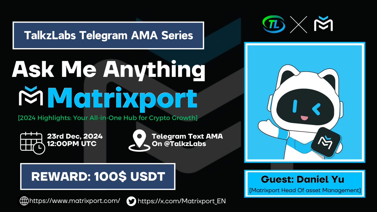 ama_tracker's tweet photo. 💌AMA Alert from @TalkzLabs with @Matrixport_EN!
#TalkzLabs is actively aims to support early stage projects in the crypto space by providing marketing support.
#Matrixport Official is world's leading and Asia’s largest all-in-one hub for #CryptoFinancial services, dedicated to forging a #SuperAccount for every user.
📆 December 23, 12 PM UTC
📌https://t.co/mn85Koc58o
#AmaTracker