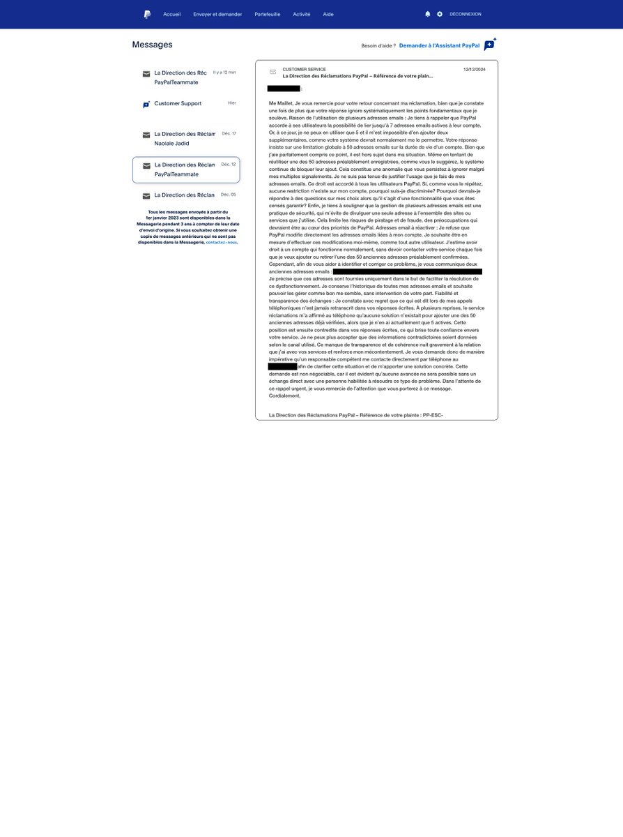 NAWELC's tweet photo. @PayPal @acce @PayPalFrance @AskPayPal 1.5 months, 5 complaints, 4 calls... @PayPal claims to ensure user security but makes it impossible to modify emails, even in case of a hack. Is this incompetence or disregard? @Dan_Schulman, please address this issue. https://t.co/2qC94aA6Ut