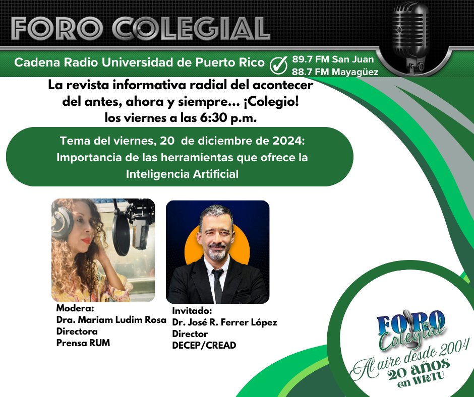 LOS VIERNES EN LA TARDE SON DE FORO COLEGIAL

Este viernes, 20 de diciembre de 2024, el doctor José E. Ferrer López, director de DECEP y CREAD del RUM nos habla sobre la importancia de las herramientas que ofrece la inteligencia artificial. <a href="/RullanAgustin/">Agustin Rullan</a> <a href="/UPR_Oficial/">UPR</a> <a href="/cread_uprm/">CREAD</a>