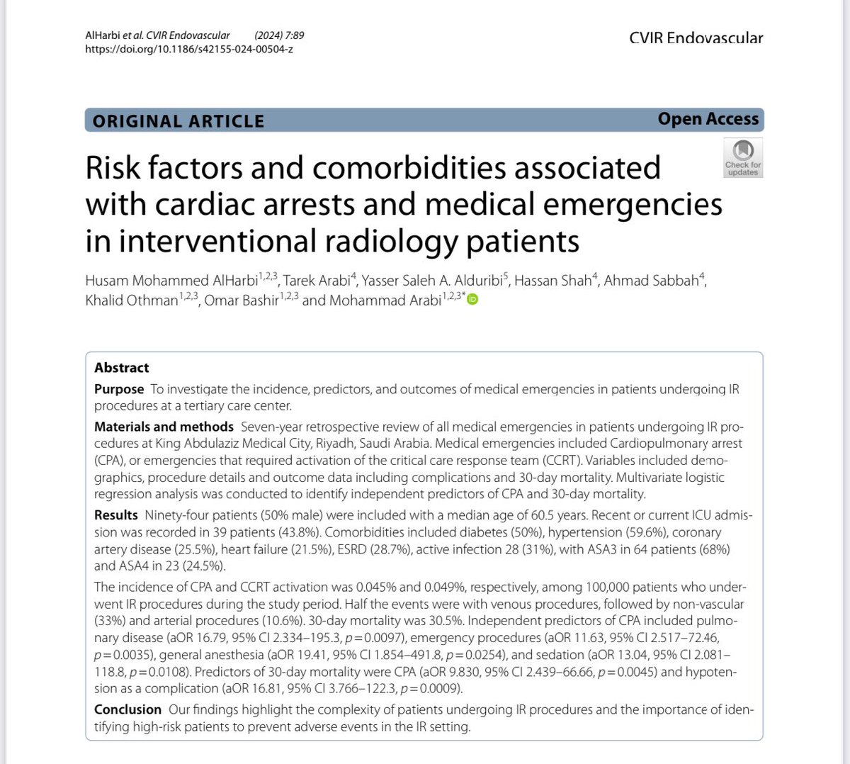 Mohammad Arabi (@marabi2004) on Twitter photo Yes!! IR is minimally invasive BUT IR patients are quite complex and high risk…. Our latest publication on “Risk factors and comorbidities associated with cardiac arrests and medical emergencies in IR” in <a href="/cvirendo/">CVIR Endovascular (Jim Reekers, Editor-in-Chief)</a> from <a href="/MNGHA_R_VIR/">MNGHA_R_VIR</a> <a href="/sirs_ksa/">Saudi Interventional Radiology Society</a> <a href="/pairsmedia/">PAIRS</a> gbr01.safelinks.protection.outlook.com/?url=https%3A%… Yes!! IR is minimally invasive BUT IR patients are quite complex and high risk…. Our latest publication on “Risk factors and comorbidities associated with cardiac arrests and medical emergencies in IR” in <a href="/cvirendo/">CVIR Endovascular (Jim Reekers, Editor-in-Chief)</a> from <a href="/MNGHA_R_VIR/">MNGHA_R_VIR</a> <a href="/sirs_ksa/">Saudi Interventional Radiology Society</a> <a href="/pairsmedia/">PAIRS</a> gbr01.safelinks.protection.outlook.com/?url=https%3A%…