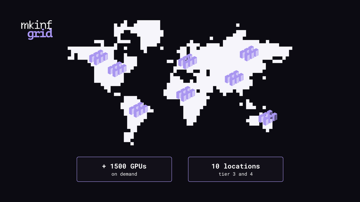 mkinf_io's tweet photo. Our distributed datacenters span Europe and the US, offering:

⚡ 1500+ on-demand GPUs
🏢 Tier 3 &amp; 4 (top-tier) infrastructure

Powering scalable AI workloads and AI agents — wherever you need them. 

#AI #Datacenters #GPUs https://t.co/B9jRcwLwJ9