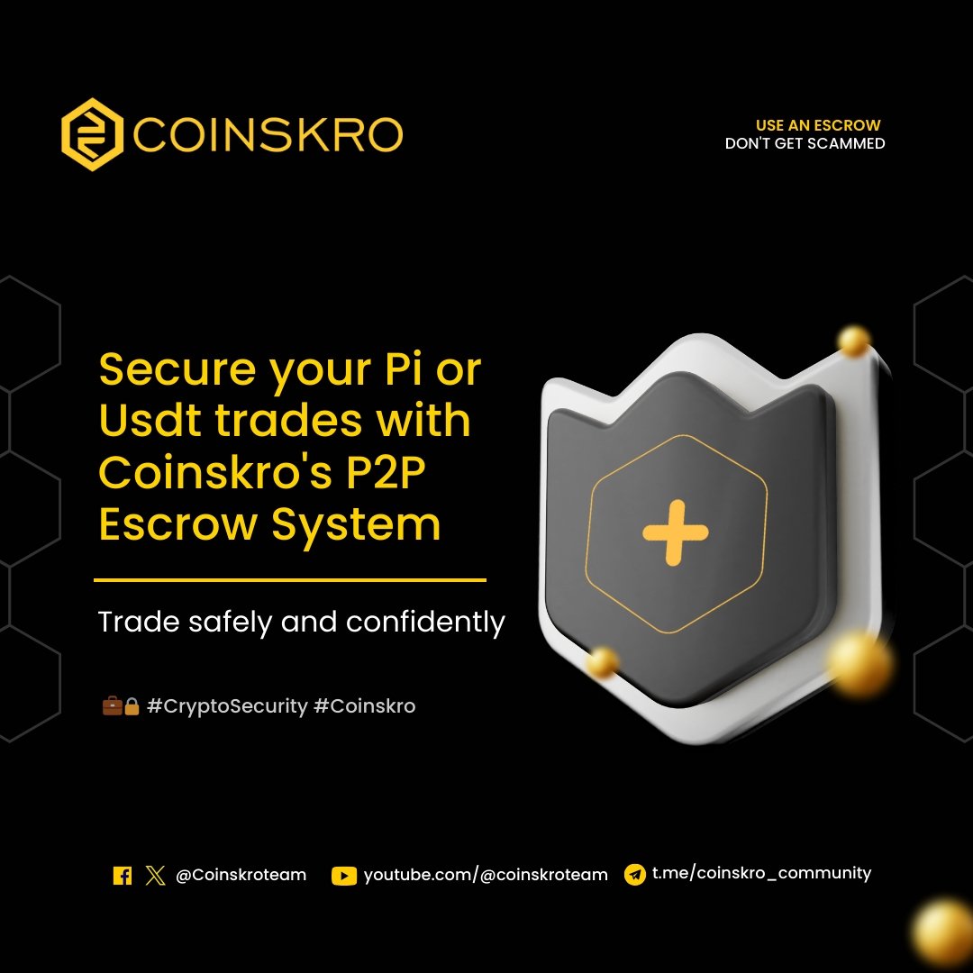 Coinskroteam's tweet image. Secure Your Crypto Trades with Coinskro!

Barter your Pi or USDT safely with Coinskro’s P2P Escrow System. Trust us for secure, confident transactions. 💼🔒 #CryptoSecurity #Coinskro
#PiNetwork2024
