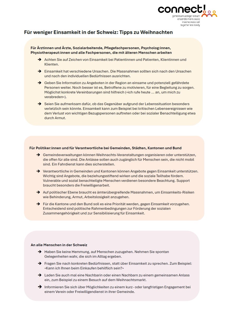 Angesichts der bevorstehenden Weihnachtstage, appelliert der wissenschaftliche Beirat des Vereins «connect!», gemeinsam gegen #Einsamkeit aktiv zu werden und hat «Tipps für weniger Einsamkeit» zusammengestellt.
👉 lnkd.in/gfKEGQmi