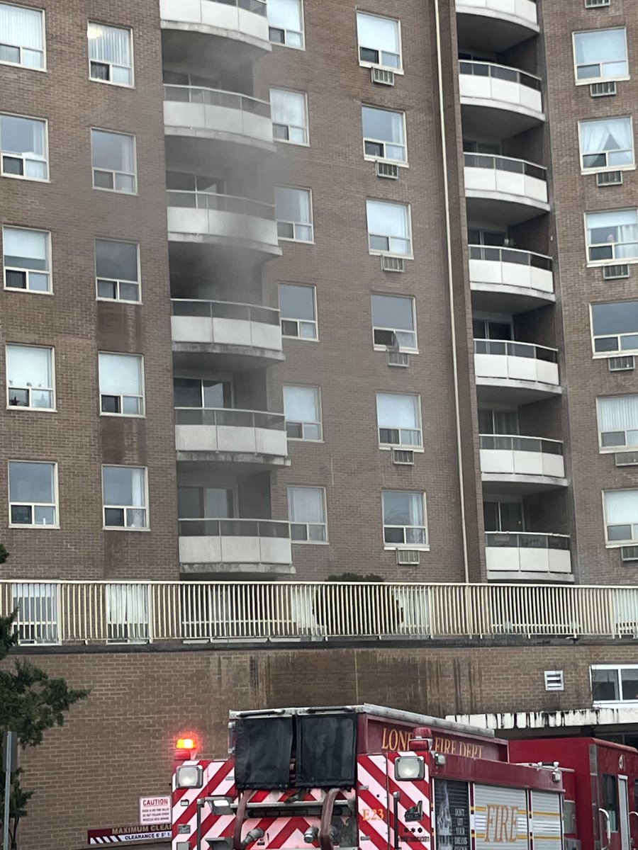 Active Incident - 1 Grosvenor St - highrise fire.  Crews on scene of an apartment fire, highrise fire operations underway with standpipe hose deployment and fire knock down. Stairwells being pressurized for evacuation of tenants on the 7th floor. ^gm. <a href="/CityofLdnOnt/">City of London</a> #ldnont