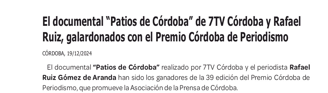 He tenido la suerte de hacer lo que me gustaba y que me pagasen por ello. Muy agradecido a la Asociación de la Prensa de Córdoba y al jurado por acordarse de uno. El premio es compartido con mi familia  y con los compañeros de redacción que me han aguantado. 
Os quiero.