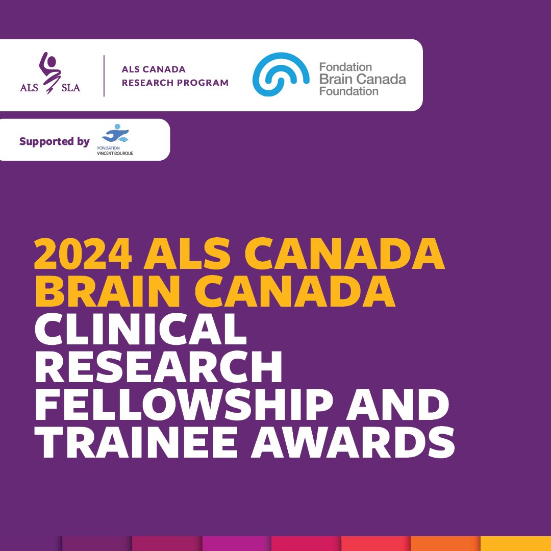 ALSCanada's tweet photo. Today, alongside our partner @BrainCanada, ALS Canada is pleased to announce an investment of more than $700,000 funding seven recipients of the 2024 ALS Canada-Brain Canada Clinical Research Fellowship and Trainee Awards. To learn more about the projects, visit https://t.co/iAJlBh5HzA. 
Support for one recipient was made possible through a partnership with Fondation Vincent Bourque.