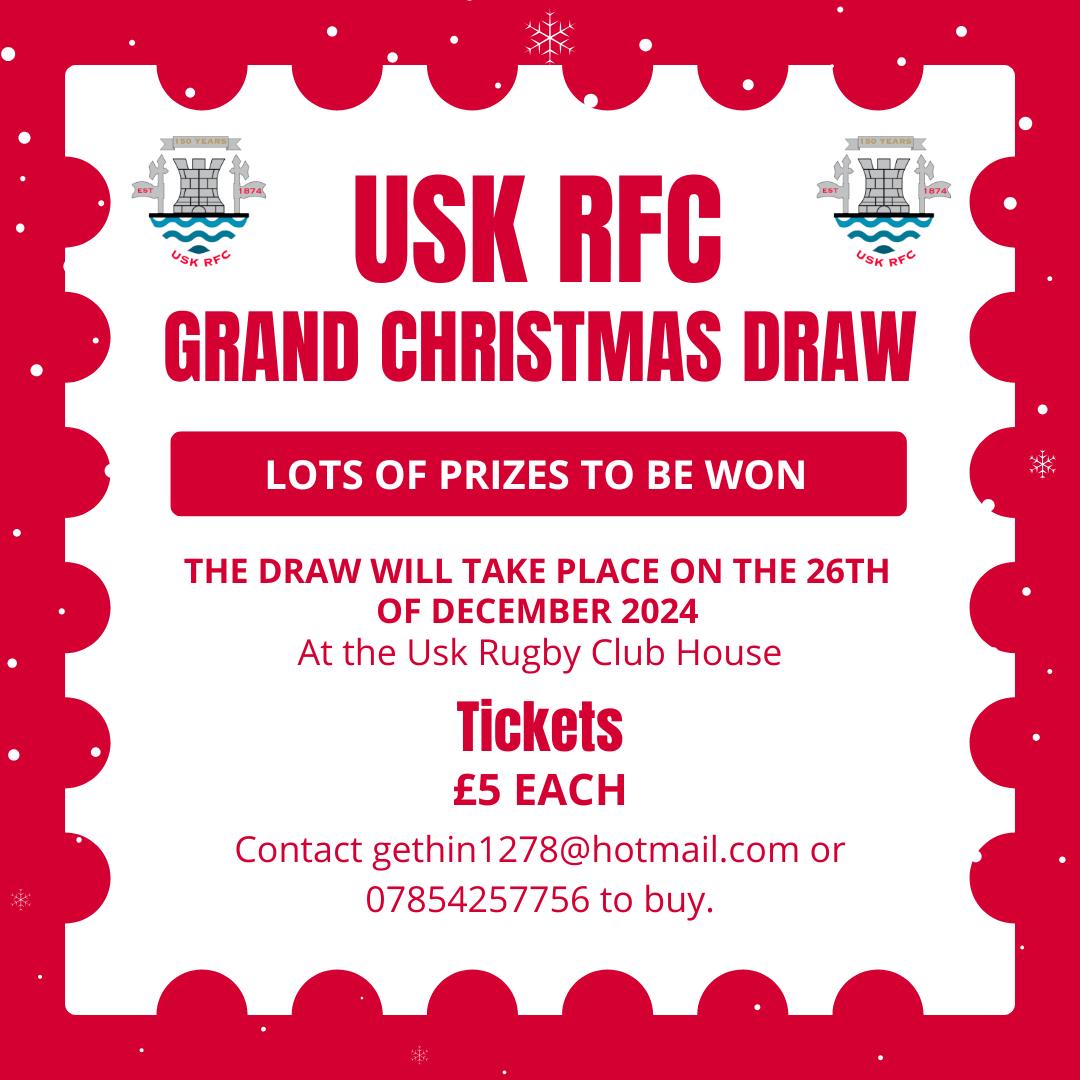 Don't miss the Usk RFC Grand Christmas Draw! 🎁🎄

The draw will take place on the 26th of December 2024 at Usk Rugby Club House

🎟️ Tickets £5 each!

To get your tickets, contact:
📧 gethin1278@hotmail.com
📞 07854257756

#UskRugby #UskRFC #Rugby