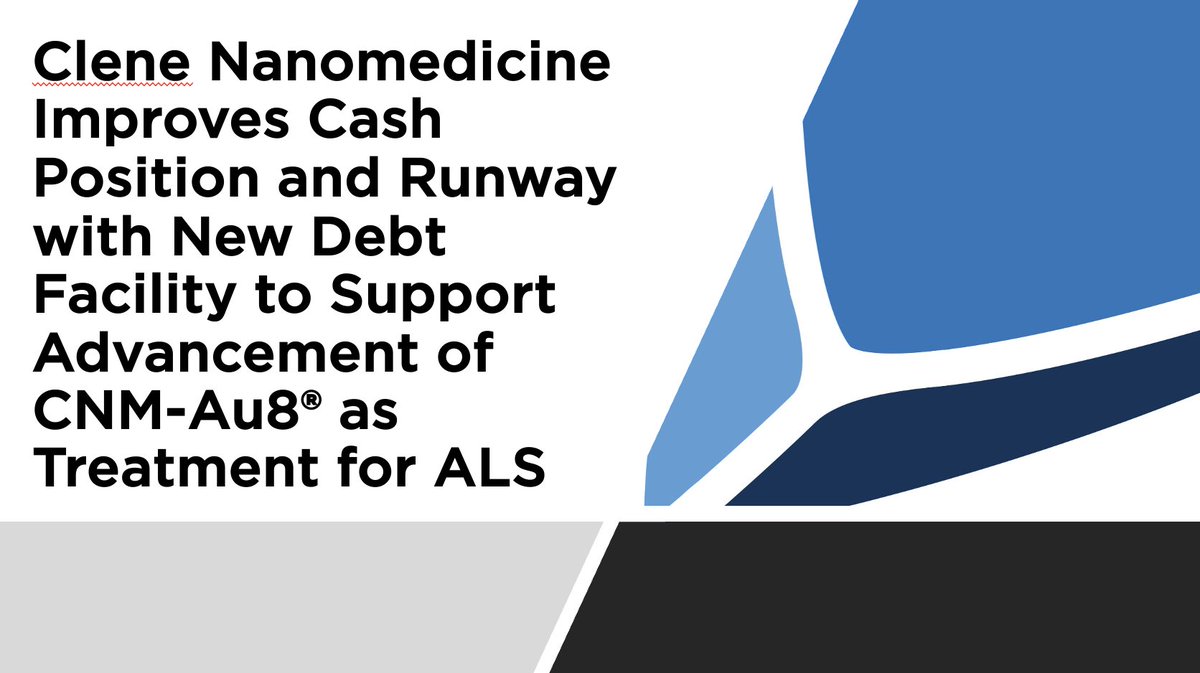 Clene Nanomedicine (@clenenano) on Twitter photo <a href="/CleneNano/">Clene Nanomedicine</a> ($CLNN) announces the signing of a new debt facility with an aggregate total of $10M, proceeds from which will be used to analyze new data on #CNMAu8 to treat #ALS. Data will support an NDA via an accelerated approval pathway.
Read more: invest.clene.com/news-releases/… <a href="/CleneNano/">Clene Nanomedicine</a> ($CLNN) announces the signing of a new debt facility with an aggregate total of $10M, proceeds from which will be used to analyze new data on #CNMAu8 to treat #ALS. Data will support an NDA via an accelerated approval pathway.
Read more: invest.clene.com/news-releases/…