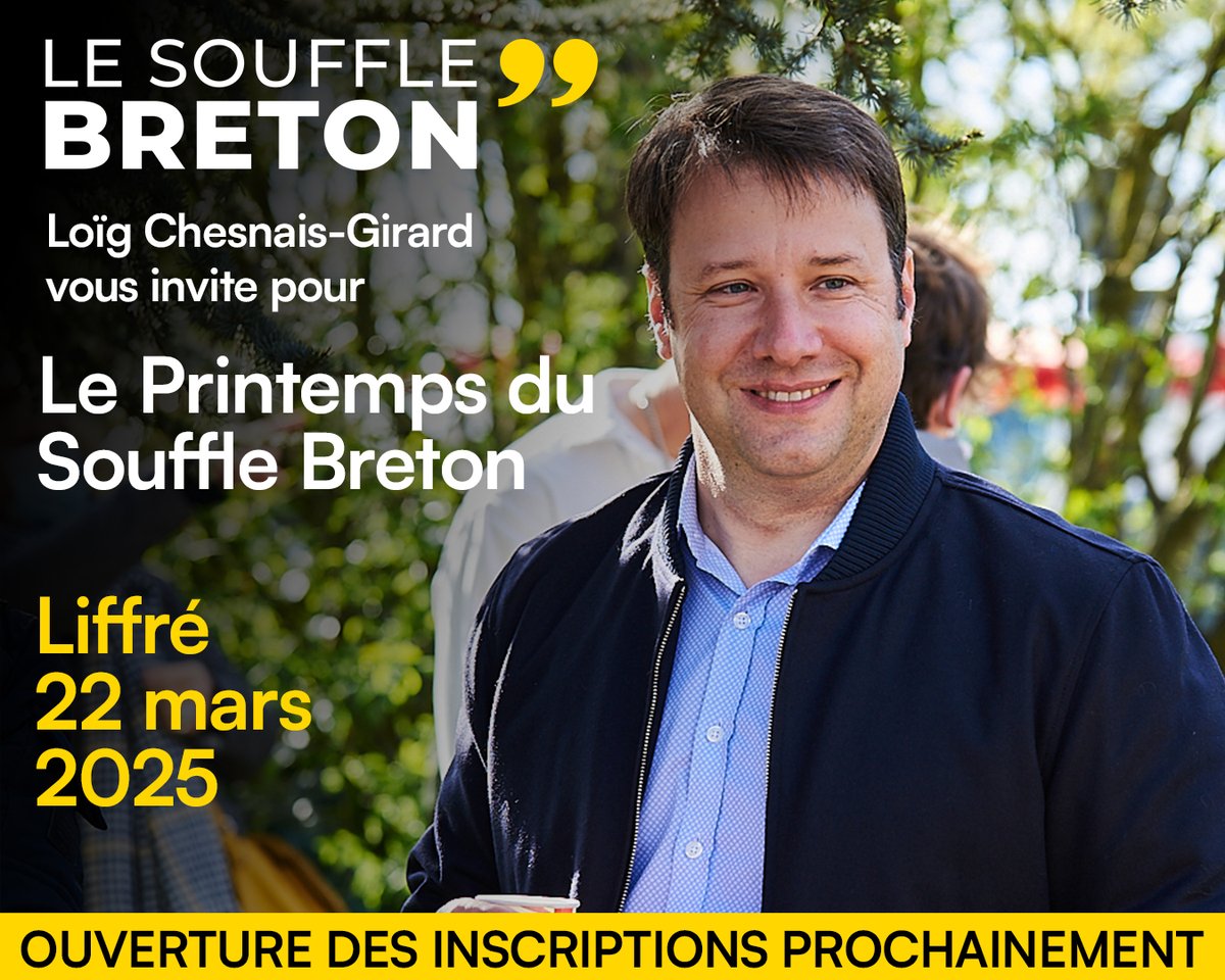 Le Souffle Breton (@soufflebreton) on Twitter photo Save the Date ! 🎉
Le rendez-vous politique incontournable du printemps approche !
📅Le 22 mars 2025, <a href="/LoigCG/">Loïg Chesnais-Girard</a> vous invite à Liffré pour « Le Printemps du Souffle Breton ».
Un événement placé sous le signe de la réflexion et de la convivialité ! Save the Date ! 🎉
Le rendez-vous politique incontournable du printemps approche !
📅Le 22 mars 2025, <a href="/LoigCG/">Loïg Chesnais-Girard</a> vous invite à Liffré pour « Le Printemps du Souffle Breton ».
Un événement placé sous le signe de la réflexion et de la convivialité !