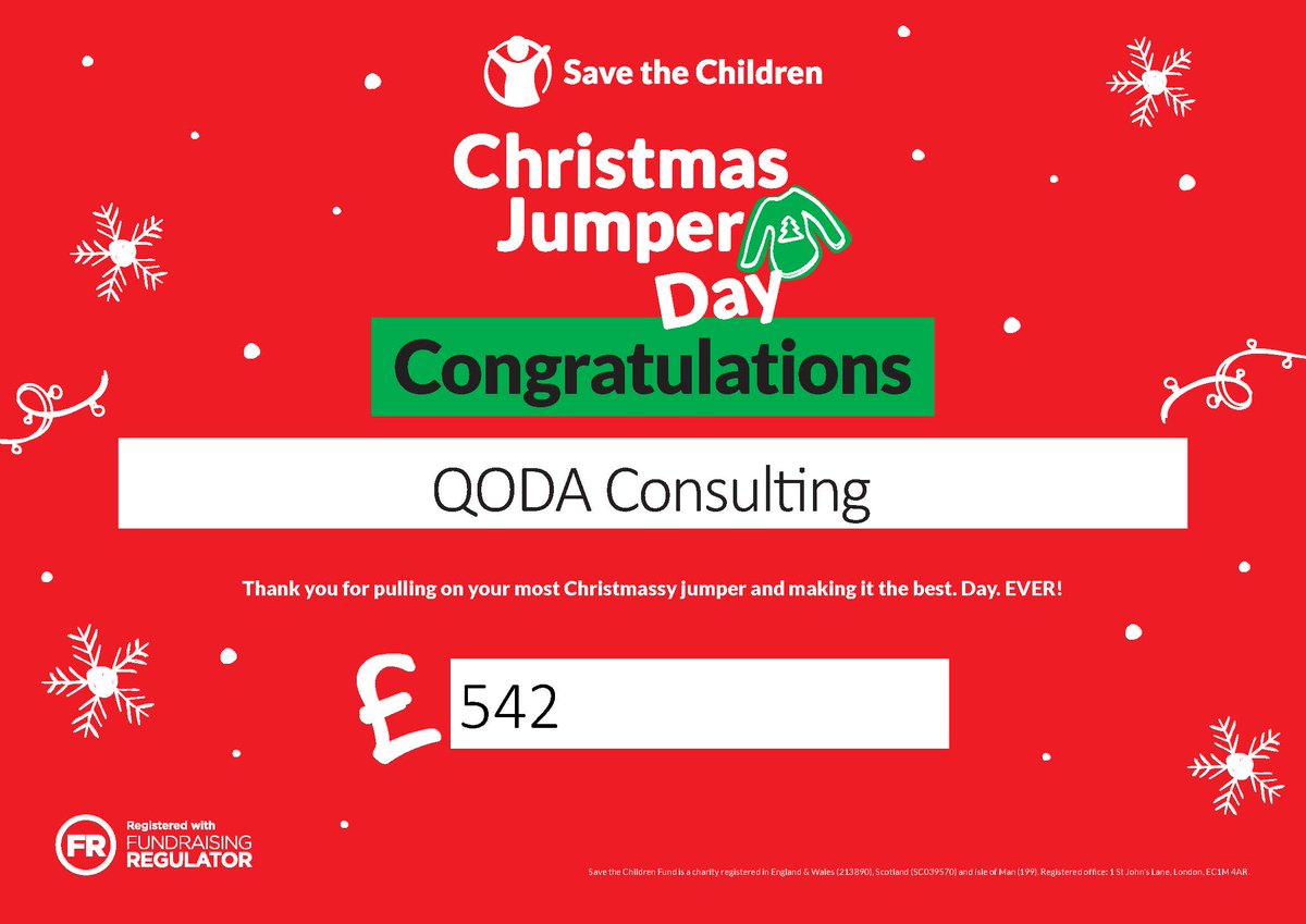 QODA Consulting (@qodaconsulting) on Twitter photo Last week, our teams supported <a href="/savechildrenuk/">Save the Children UK</a> Christmas Jumper Day, raising an amazing £542!
We're beyond proud of our team's generosity - together, they raised £271, which QODA matched pound for pound to double the impact.
A huge thank you to everyone who contributed! 🌟 Last week, our teams supported <a href="/savechildrenuk/">Save the Children UK</a> Christmas Jumper Day, raising an amazing £542!
We're beyond proud of our team's generosity - together, they raised £271, which QODA matched pound for pound to double the impact.
A huge thank you to everyone who contributed! 🌟