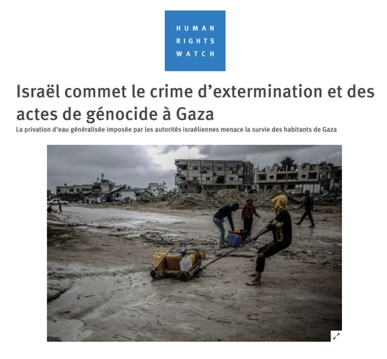Israël commet un crime d’extermination et des actes de génocide à Gaza.

C'est la conclusion de ce nouveau rapport de @HRW.

En privant intentionnellement d'eau les civils de Gaza, des milliers d'innocents sont tués par l'armée de Netanyahou.

Qui peut encore nier ?