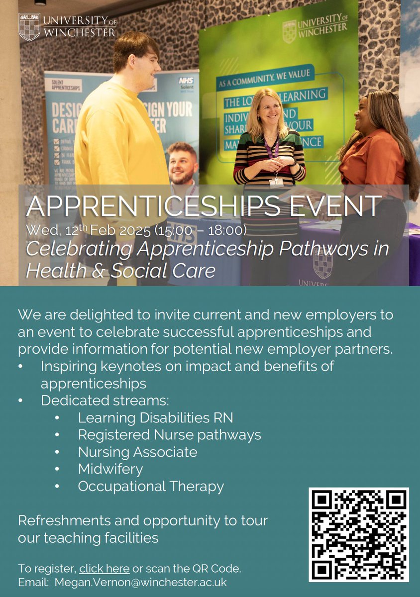 Come hear inspiring stories, compelling evaluations of the impact of apprenticeships.
 
This event is for employers working across the integrated care system trying to sustain a viable workforce.

To book: tinyurl.com/4tym5xrj

<a href="/UoWnurses/">University of Winchester Nursing</a> <a href="/HHFTCNO/">Hampshire Hospitals Chief Nurse Office</a> <a href="/HIOWH_NHSFT/">Hampshire and IOW Healthcare NHS Foundation Trust</a>