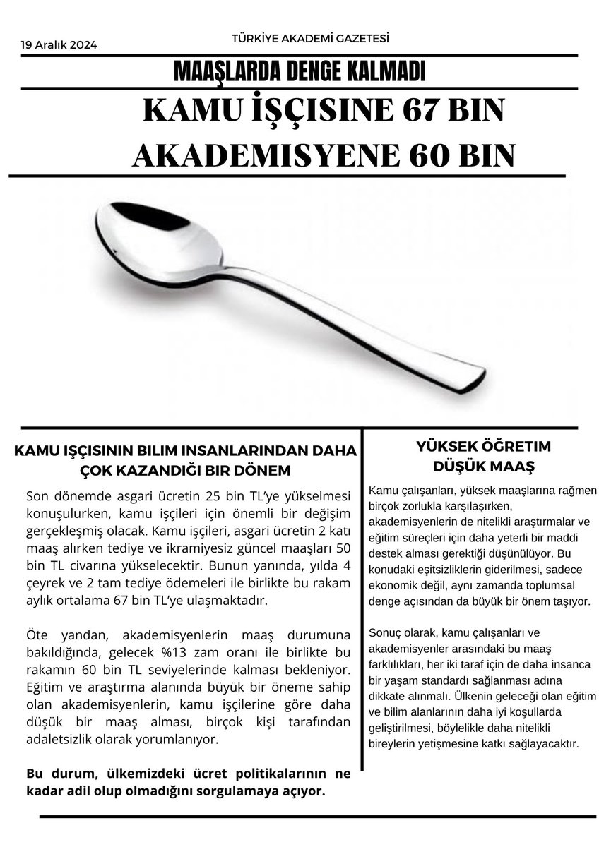 Kamudaki maaşlarda ne oran kaldı ne de orantı.

Asgari ücretin katsayıları olacak biçimde silbaştan düzenleme mecburi. #asgariücret artarken kamu işçisi maaşlarının akademisyenlerin üzerine çıkması kabul edilebilir değildir. #akademikzam <a href="/ADAP_2023/">Akademik Dayanışma Platformu</a> <a href="/isikhanvedat/">Prof. Dr. Vedat Işıkhan</a> <a href="/memetsimsek/">Mehmet Simsek</a> #yök
