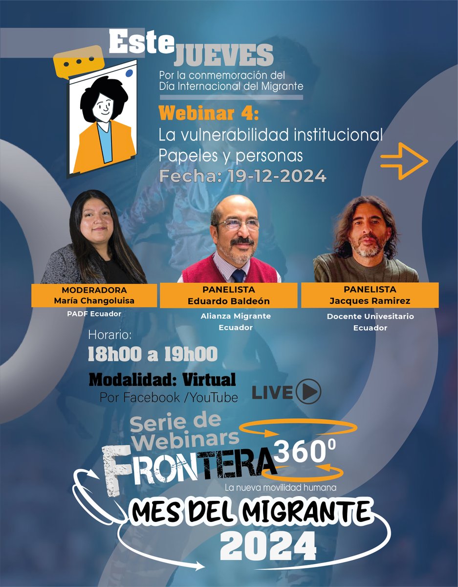 PADF Ecuador (@padfecuador) on Twitter photo FRONTERA 360: PAPELES Y PERSONAS
La vulnerabilidad institucional no es un número, son historias.
✅Eduardo Baldeón
✅Jacques Ramirez 
✅Moderación: María Changoluisa
🕒 Hora: 18h00 (Ecuador) 
📍 Plataforma: Facebook Live Crea tu Espacio FRONTERA 360: PAPELES Y PERSONAS
La vulnerabilidad institucional no es un número, son historias.
✅Eduardo Baldeón
✅Jacques Ramirez 
✅Moderación: María Changoluisa
🕒 Hora: 18h00 (Ecuador) 
📍 Plataforma: Facebook Live Crea tu Espacio