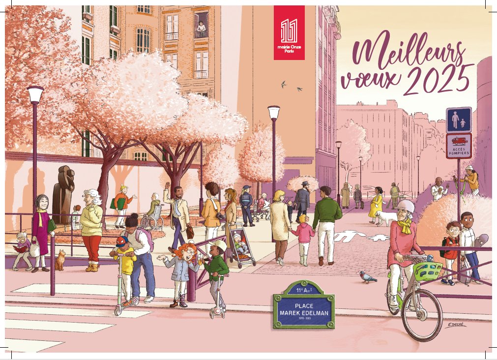 Découvrez la nouvelle carte des vœux du Maire du 11e pour l'année 2025, illustrée par Etienne Decré. Une création inspirée de la place Marek Edelman, récemment réaménagée, piétonnisée et végétalisée.
Joyeuses fêtes à toutes et à tous !