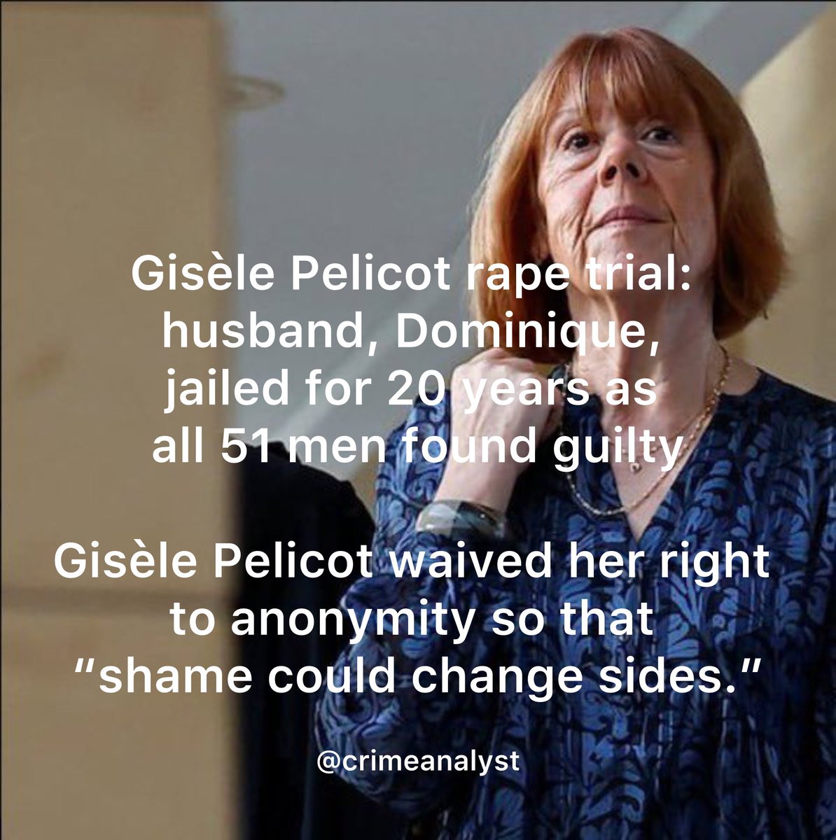 Gisèle Pelicot’s strength, dignity and courage are an example to us all. 

#Shero #Legend #GisèlePellicot #CrimeAnalyst