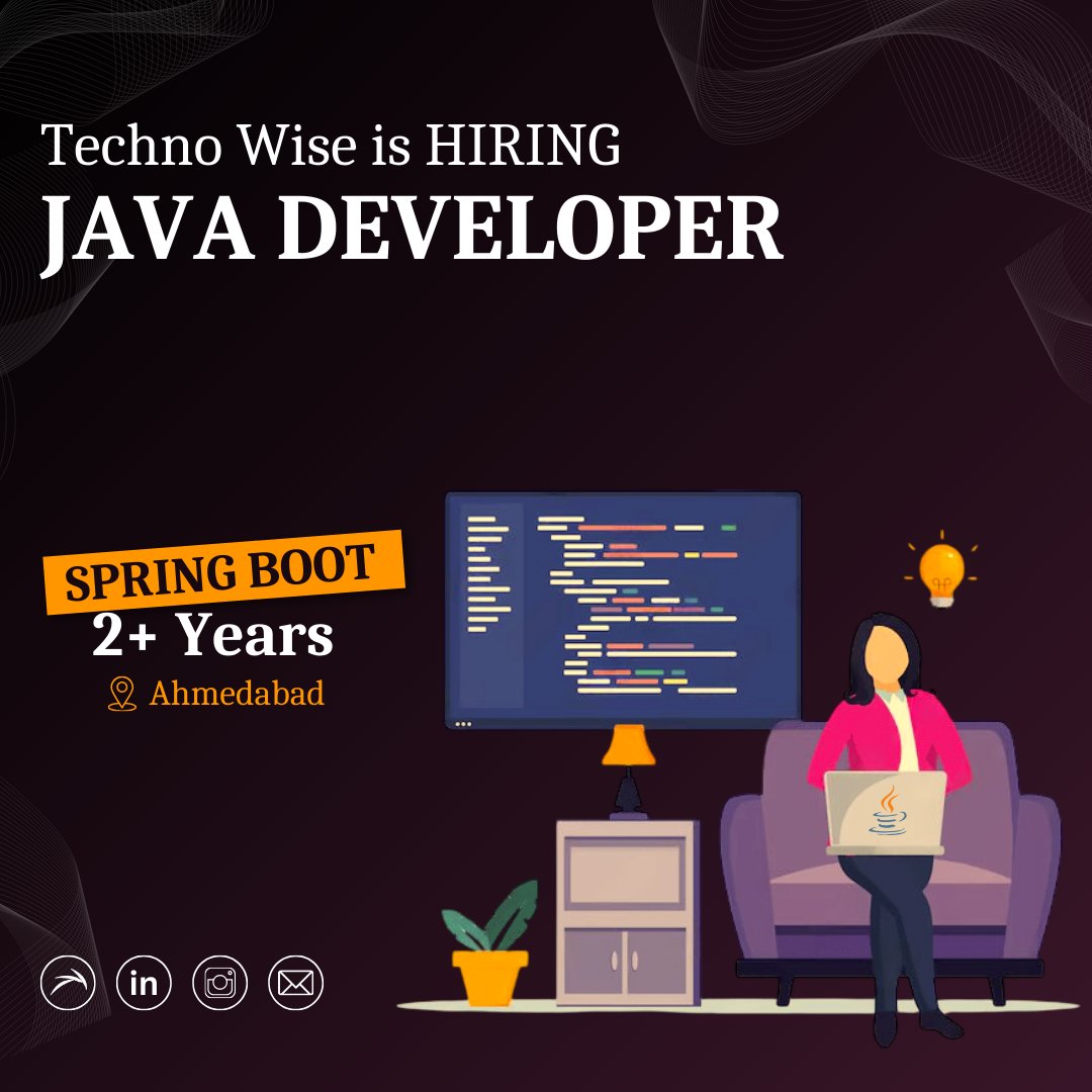 TechnoWise_ind's tweet image. We're hiring Java Developer
✔ Experience: 2 to 4 years
✔ Core Java, Spring MVC, Spring Boot, Hibernate/JPA, etc.
📍 Location: Ahmedabad (WFO)
#JavaDeveloper #CoreJava #SpringBoot #SpringMVC
#Microservices #RESTAPI #JUnit #SQL #Ahmedabad #Jobs
Follow: #TechnoWise_India