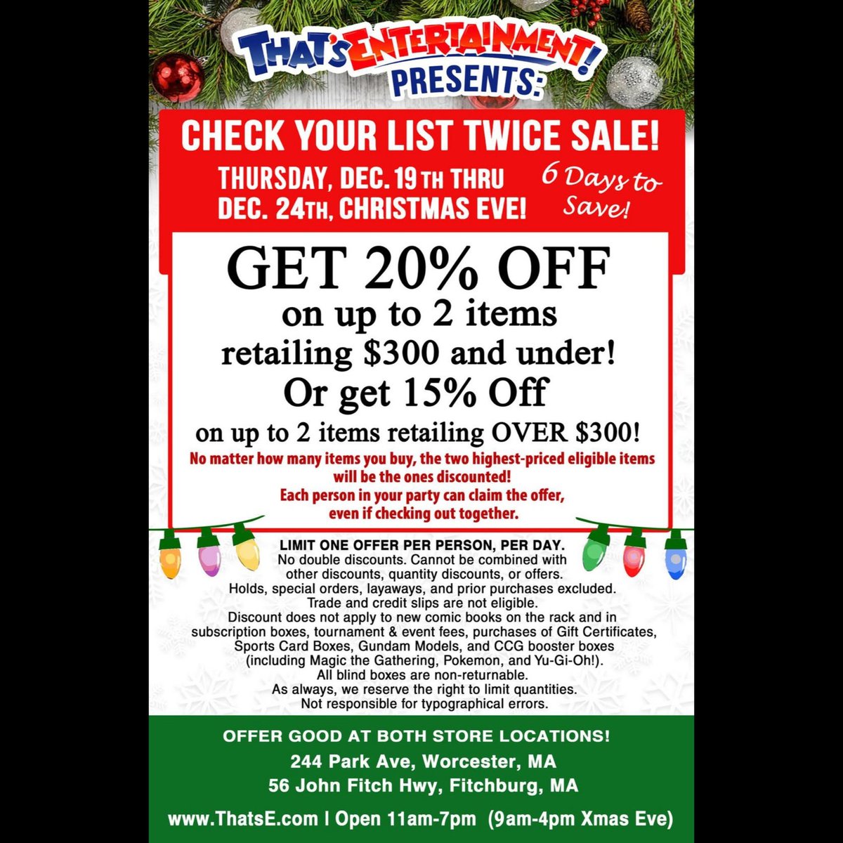 ThatsE's tweet photo. Save 20% on up to TWO ITEMS! 6 Days to Save! Check your Lists Twice! Please spread the word by sharing this post!  <3

#thatsentertainment #holidaysale2024 https://t.co/RYelwqdLk5