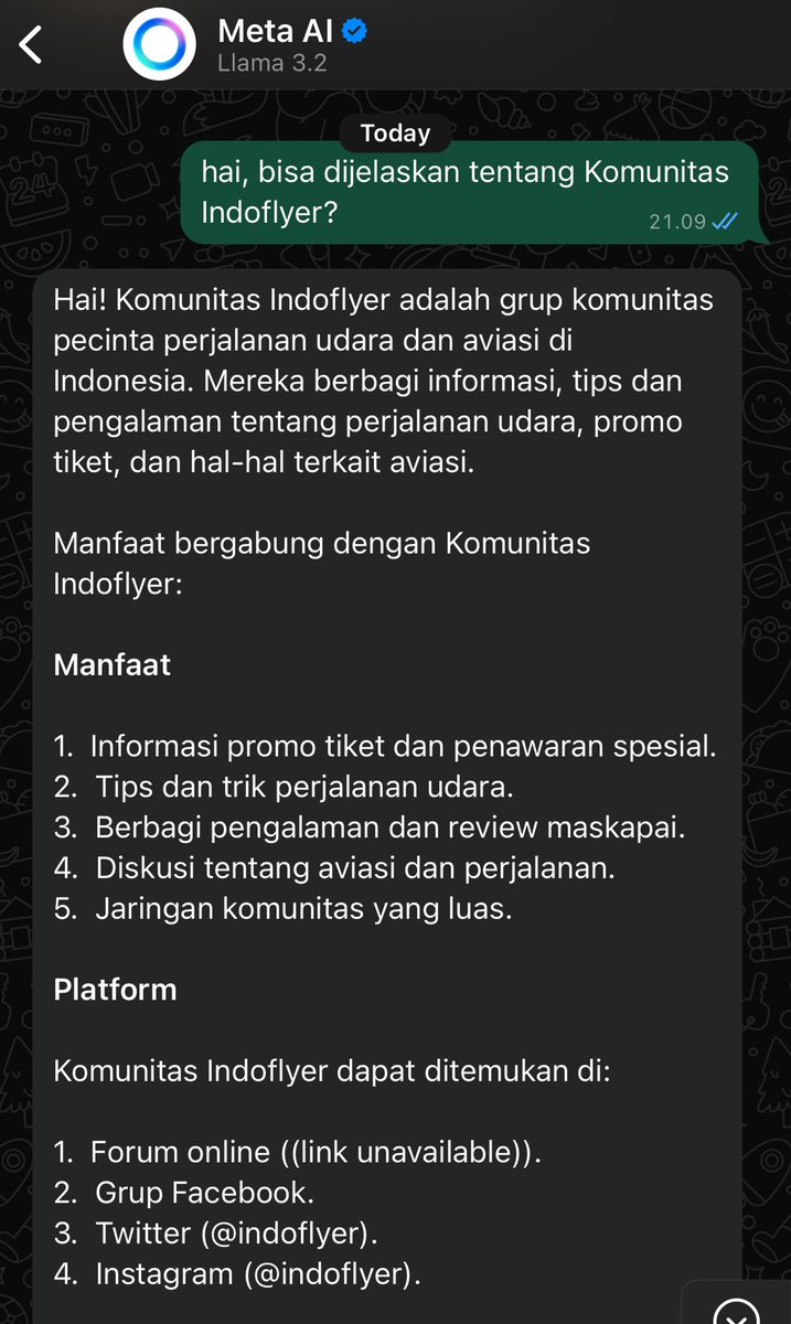 indoflyer's tweet photo. Mencoba bertanya tentang #Indoflyer di Meta AI, jawabannya 70% benar. Walau belum update aja informasi terkait grup WA Indoflyer https://t.co/Z5P5VbnqTs