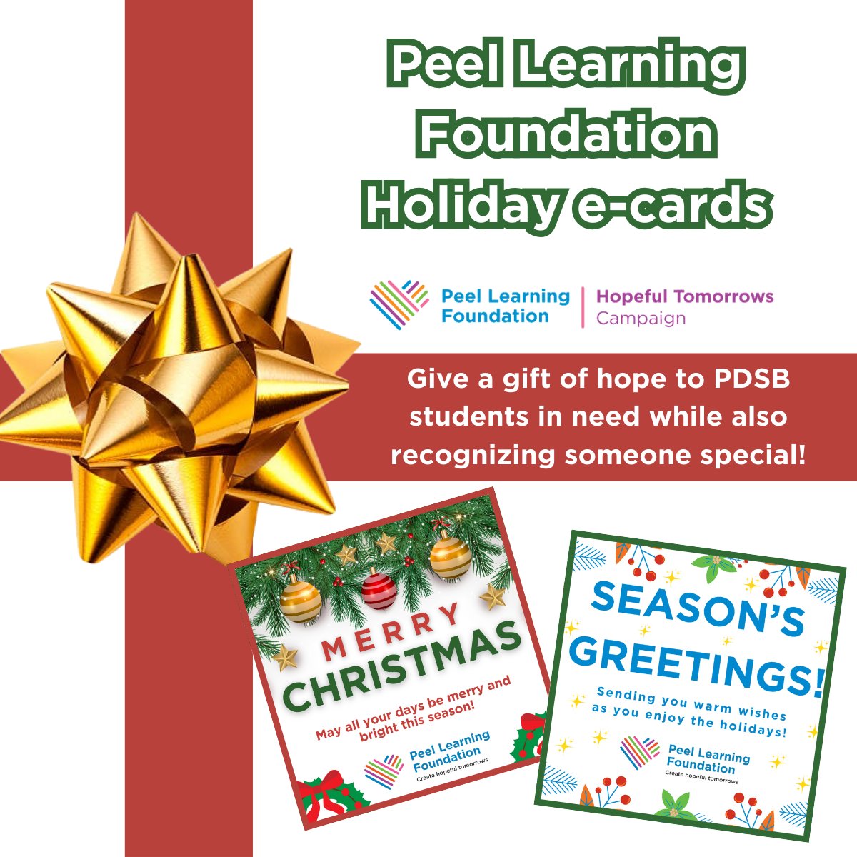 Looking for a way to say ‘thank you’ to an important person in your life? Consider sending them an e-card. 

Your gift will show how much you appreciate them while also helping a PDSB student in need! Click the link below to send your digital card.

donation.peellearningfoundation.com/holiday-e-cards