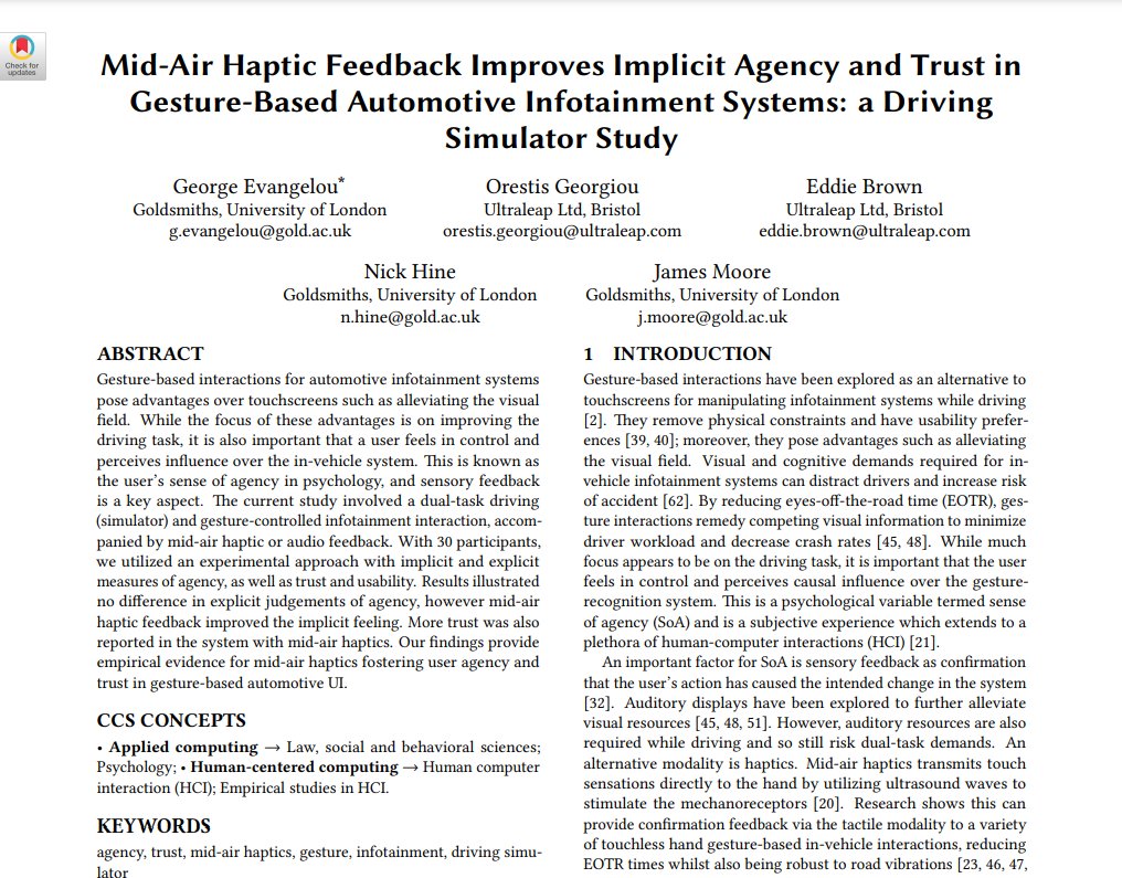 Attended AutomotiveUI'24 in Stanford, California. I saw car tech I didn't even know existed.

Surreal to present there and lovely to engage with the close-knit community. The paper is available online:

Mid-air haptics improves agency in automotive UI lnkd.in/ei45hsK4