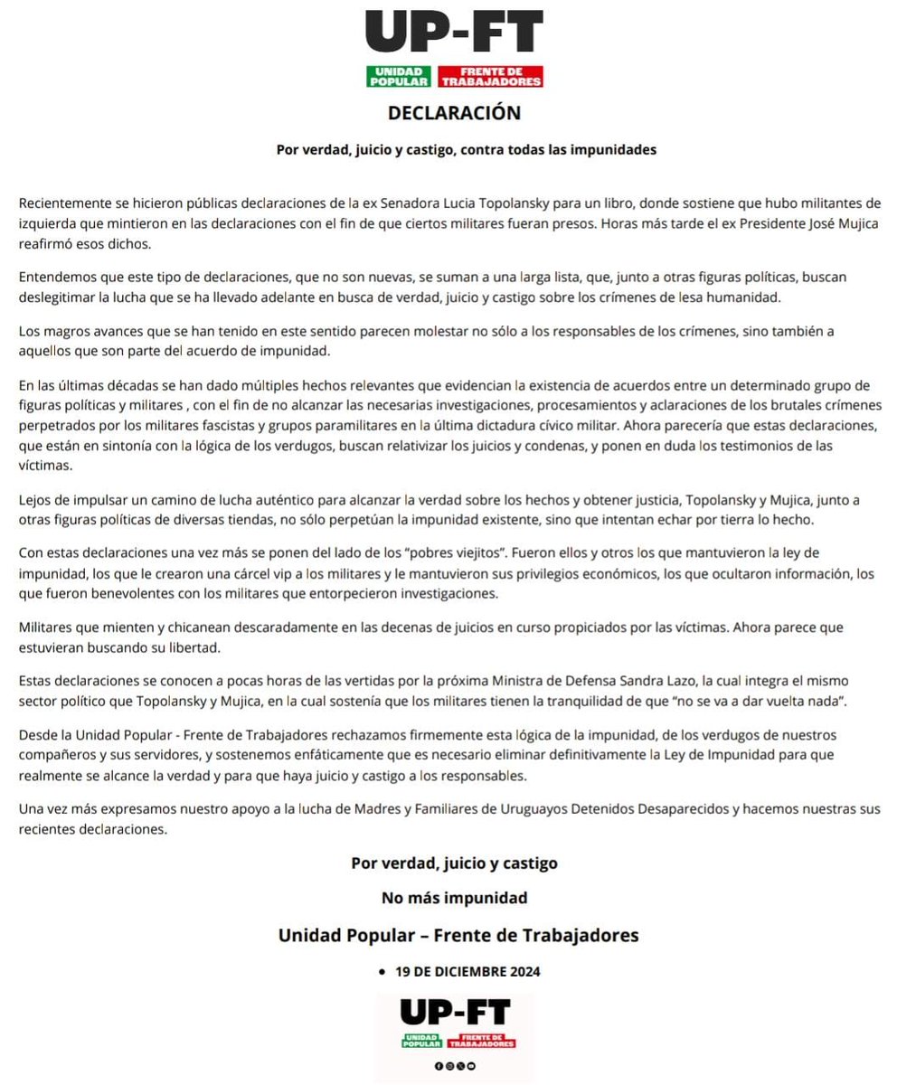 Declaración de Unidad Popular-Frente de Trabajadores ante declaraciones de Lucía Topolansky