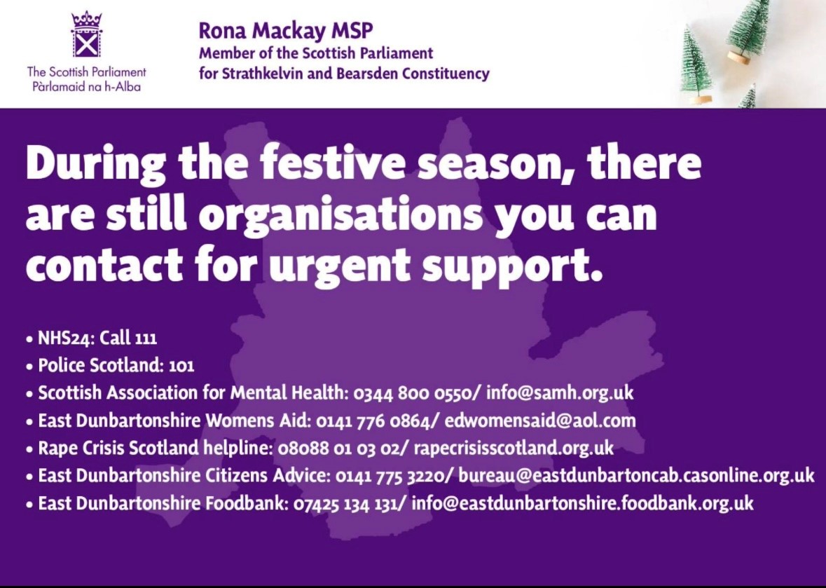 🎅🏻 As we approach Christmas day, I want to wish all my constituents in Strathkelvin and Bearsden a Merry Christmas and Happy New Year. 🎄 
 ☎️ Below is a list of emergency contacts you can reach out to during the festive season.