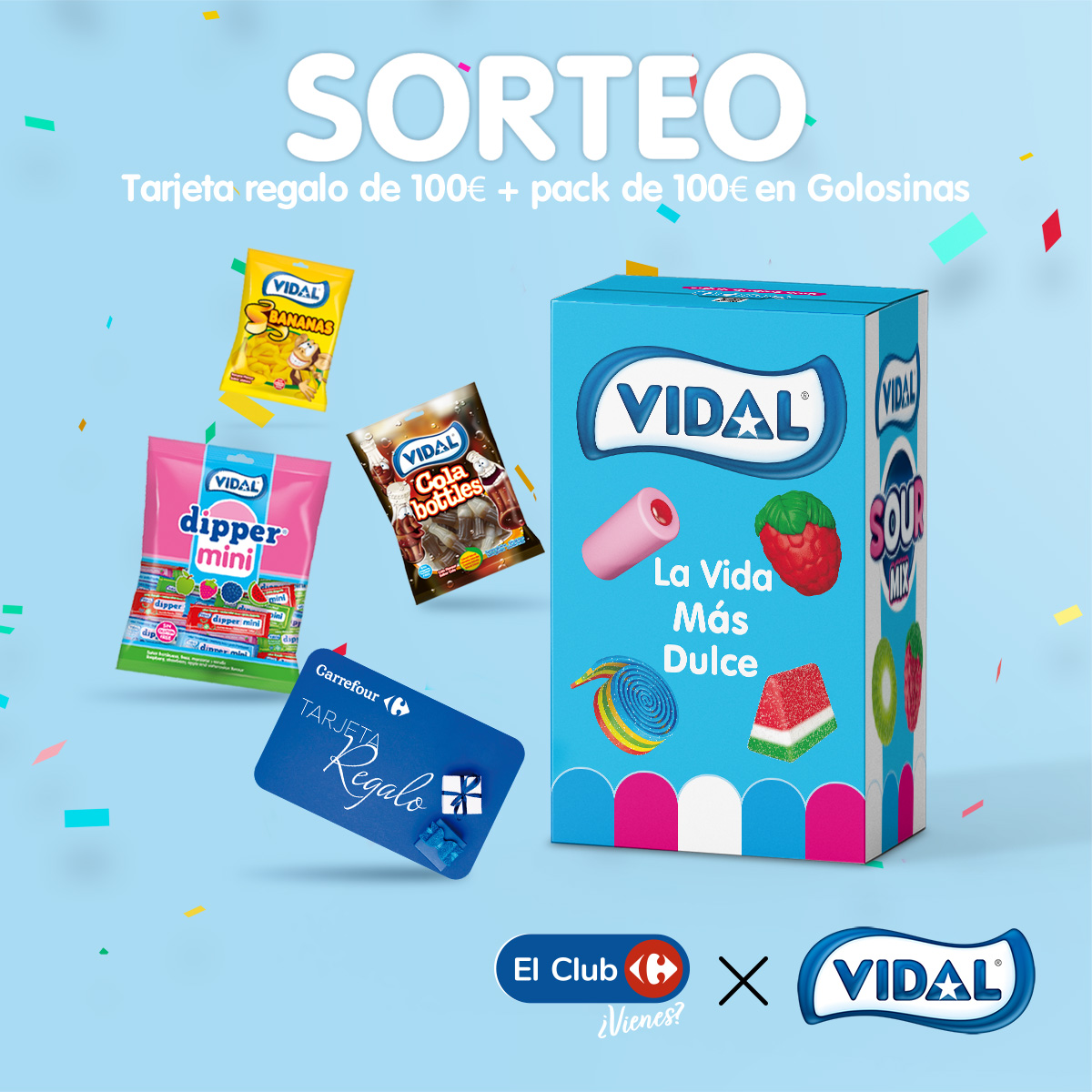¡El SORTEO que estabais esperando!

Nos hemos unido con el equipazo de <a href="/CarrefourES/">Carrefour España</a>  para sortear una Tarjeta regalo de 100€ + pack de Vidal Golosinas

Para participar:
➡️Sigue a <a href="/Vidal_Golosinas/">Vidal Golosinas</a>  y a <a href="/CarrefourES/">Carrefour España</a> 
➡️Dale a Like y RT
➡️Menciona a dos amigos en esta publicación