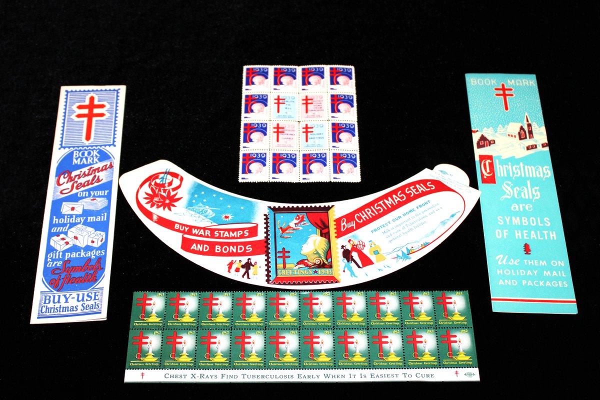 Christmas seals were sold to raise money to fight tuberculosis in the early 1900s. Started in Denmark, the idea made its way to the US in 1907 to raise money for a tuberculosis hospital. See the seals on display in our TB exhibit. #holiday #tuberculosis #publichealth