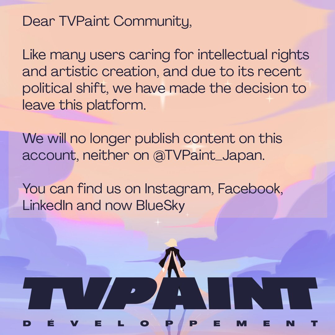We're leaving Twitter folks, here is why. 👇
Follow us on BlueSky:
bsky.app/profile/tvpain… 

❤️

#TVPaintcommunity #byebyetwitter #ohlookanewbutterfly