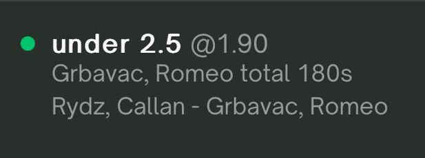 ✅2/2

Not going to post too much here. No group either for the darts. Instead, if you want to take part in the bets, you can DM regarding staking. More bets, better time to stake, and better prices: