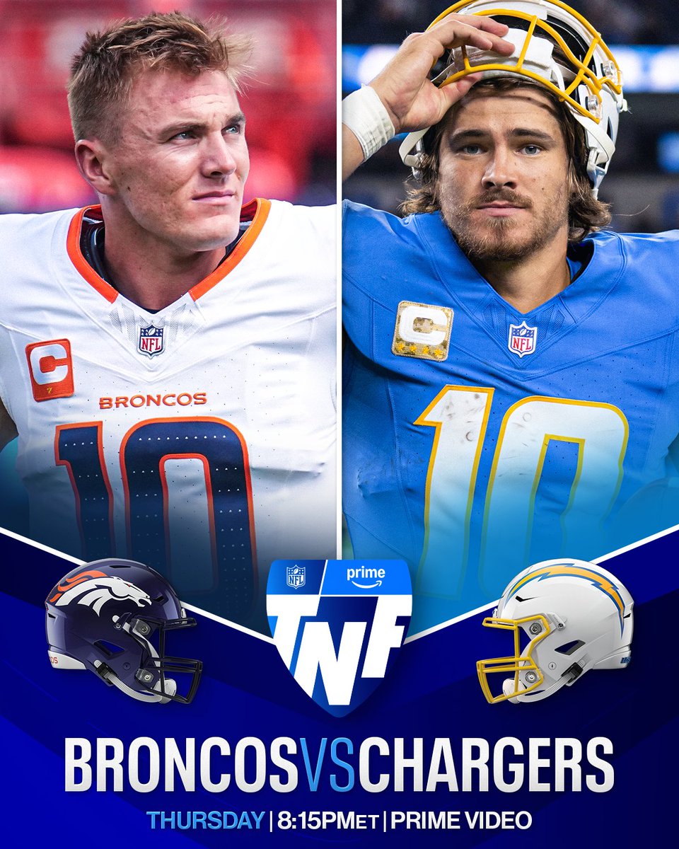 NFL's tweet image. This AFC West QB matchup is 🤌

#DENvsLAC – Tonight 8:15pm ET on Prime Video
Also streaming on #NFLPlus