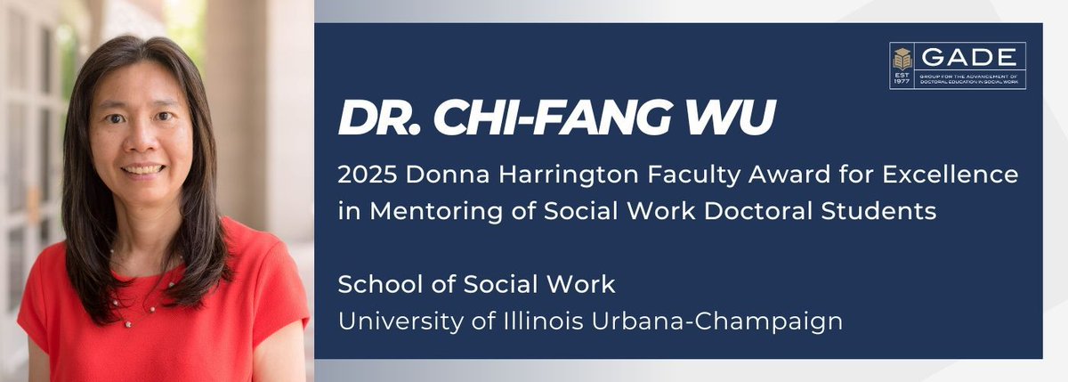 GADE Social Work (@gadesocialwork) on Twitter photo 📣 Congratulations to Dr. Chi-Fang Wu (<a href="/UofISocialWork/">ILLINOIS Social Work</a>) for being awarded the 2025 Donna Harrington Faculty Award for Excellence in Mentoring Social Work Doctoral Students! 👏 📣 Congratulations to Dr. Chi-Fang Wu (<a href="/UofISocialWork/">ILLINOIS Social Work</a>) for being awarded the 2025 Donna Harrington Faculty Award for Excellence in Mentoring Social Work Doctoral Students! 👏