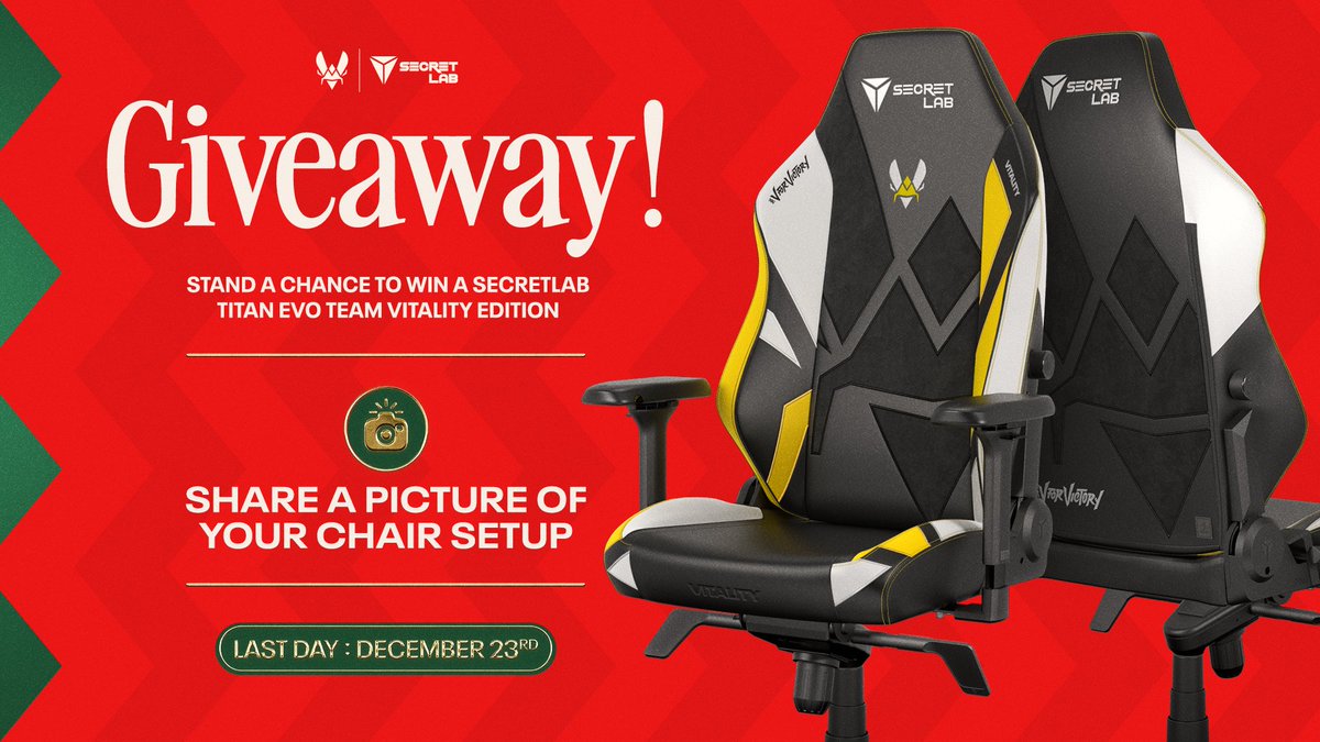 Together with Secretlab, we're going to help you upgrade your setup 🫵

To enter the giveaway:
1⃣ Share a pic of your setup
2⃣ Explain why we should send you a Secretlab TITAN Evo Team Vitality Edition chair 
3⃣ Tag us and <a href="/secretlabchairs/">Secretlab</a> with the hashtag #MySecretlabHolidays