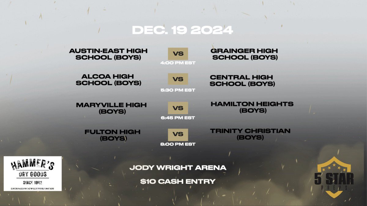 Come to Jody Wright Arena at Fulton High School today for day 1 of the Hammers Hardwood Classic. Games begin at 4pm.
<a href="/5StarPreps/">5Star Preps</a> <a href="/AE_Athletics/">Austin-East High School Athletic Dept.</a> <a href="/CHSBobcatsHoops/">Central Basketball</a> <a href="/AlcoaHoops/">Alcoa Hoops</a> <a href="/MHSRebelsMBB/">Maryville Rebels Basketball</a> <a href="/HHhawksbball/">Hamilton Heights Boys Basketball</a>