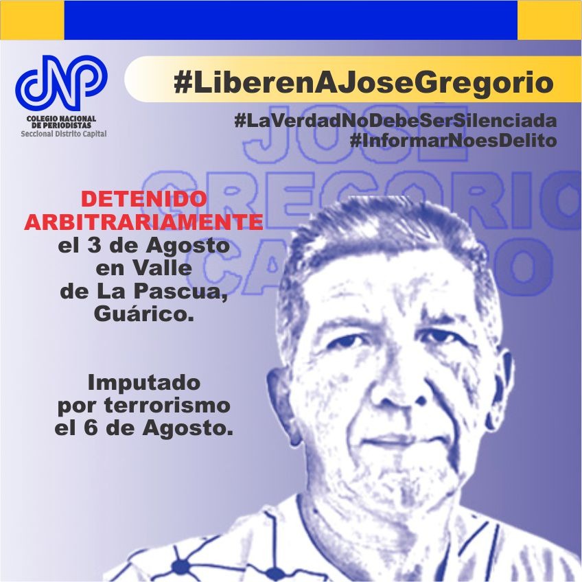 #19Dic El colega José Gregorio Camero lleva 138 días preso arbitrariamente . Fue detenido el #3Agos en #Guarico #ValleDeLaPascua  . Imputado por el presunto delito de terrorismo. #LiberenAJoseGregorioCamero #SomosPeriodistas #NoSomosTerroristas