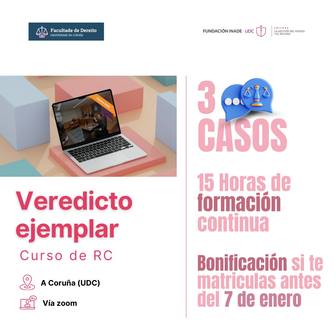CatedraFI_UDC's tweet photo. ¡No te pierdas #VeredictoEjemplar! El único curso de RC que simula juicios reales ⚖️

🗓️ 28, 29 y 30 de enero de 16:00 a 19:30 hora
💻 Online
📍 Presencial: Facultad de Derecho de la @UDC_gal

Inscríbete ya 🔗 https://t.co/BHLLpq2d4T

Precio bonificado hasta el 7 de enero 💸 https://t.co/DwEaWS0RIF