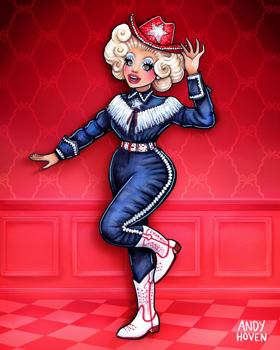 andyjhoven's tweet photo. YEEEHAW! 🤠🐎🌵 Feeling blessed to have Melbourne Songbird @Brenda_Bressed competing at the Down Under drag rodeo. Used a combination of @COPIC_Official Sketch &amp; Acrea markers, @STABILOUK pastel pencils and @ArrtxArt Acrylics to bring this dazzling denim cowgirl to life ✨ https://t.co/OpN3iNRY1R