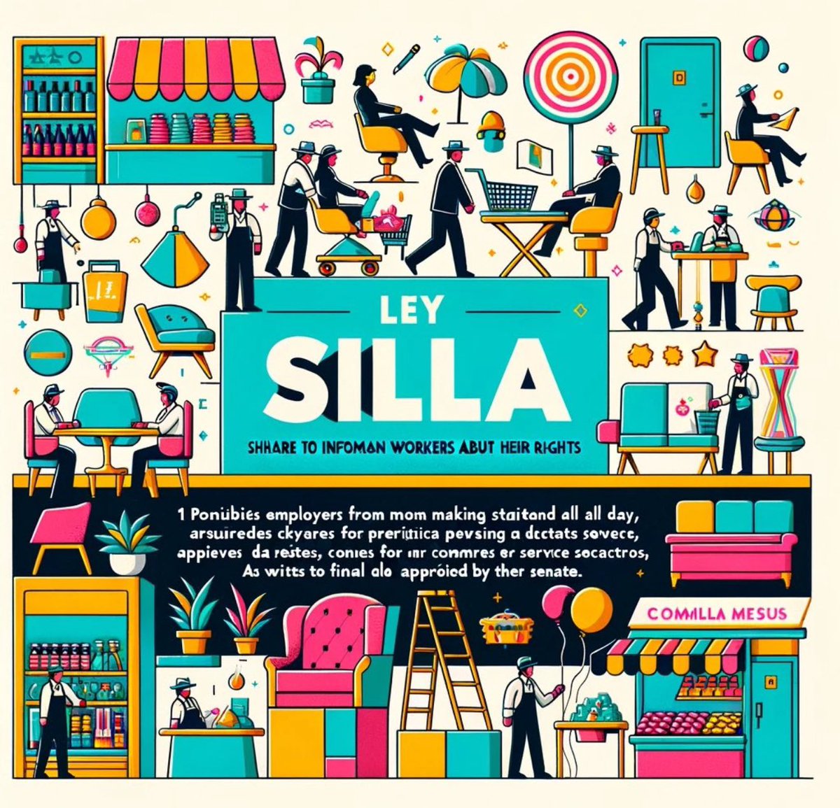 JoseMarioMX's tweet photo. 🚨 ¡Atención trabajadores de México! 🇲🇽🪑 La nueva "Ley Silla" publicada hoy en el Diario Oficial, promete un cambio importante en tu lugar de trabajo. Aquí te explicamos qué es y cómo te beneficia: 👇

1️⃣ ¿Qué es la Ley Silla? Esta ley reforma la Ley Federal del Trabajo, prohibiendo que los empleadores te hagan estar de pie toda la jornada laboral. Ahora, deben proporcionar sillas para descansos periódicos, especialmente en comercios y servicios.

2️⃣ Tus Derechos:

   - No más jornadas enteras de pie 🚫
   - Sillas con respaldo para descansos 💺
   - Aplica en supermercados, tiendas y restaurantes 🏪🍽️

3️⃣ ¿Por qué es importante? Estar de pie mucho tiempo puede causar problemas de salud graves: fatiga, varices, dolores musculares, entre otros. Esta ley busca proteger tu salud y bienestar. 🩺❤️

4️⃣ Sanciones para empleadores que no cumplan: Multas desde 25 mil hasta 259 mil pesos. ¡Se toma en serio tu bienestar! 💰👀

#LeySilla #DerechosLaborales #México