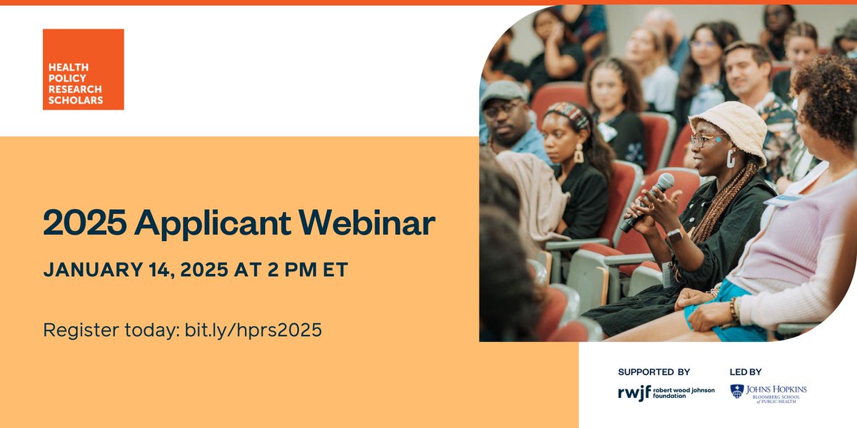 Are you ready to use your research to promote health equity? Join us for the Health Policy Research Scholars (HPRS) Applicant Webinar on January 14, 2025, at 2 PM ET, and discover how you can become part of the final HPRS cohort! Register today: bit.ly/hprs2025