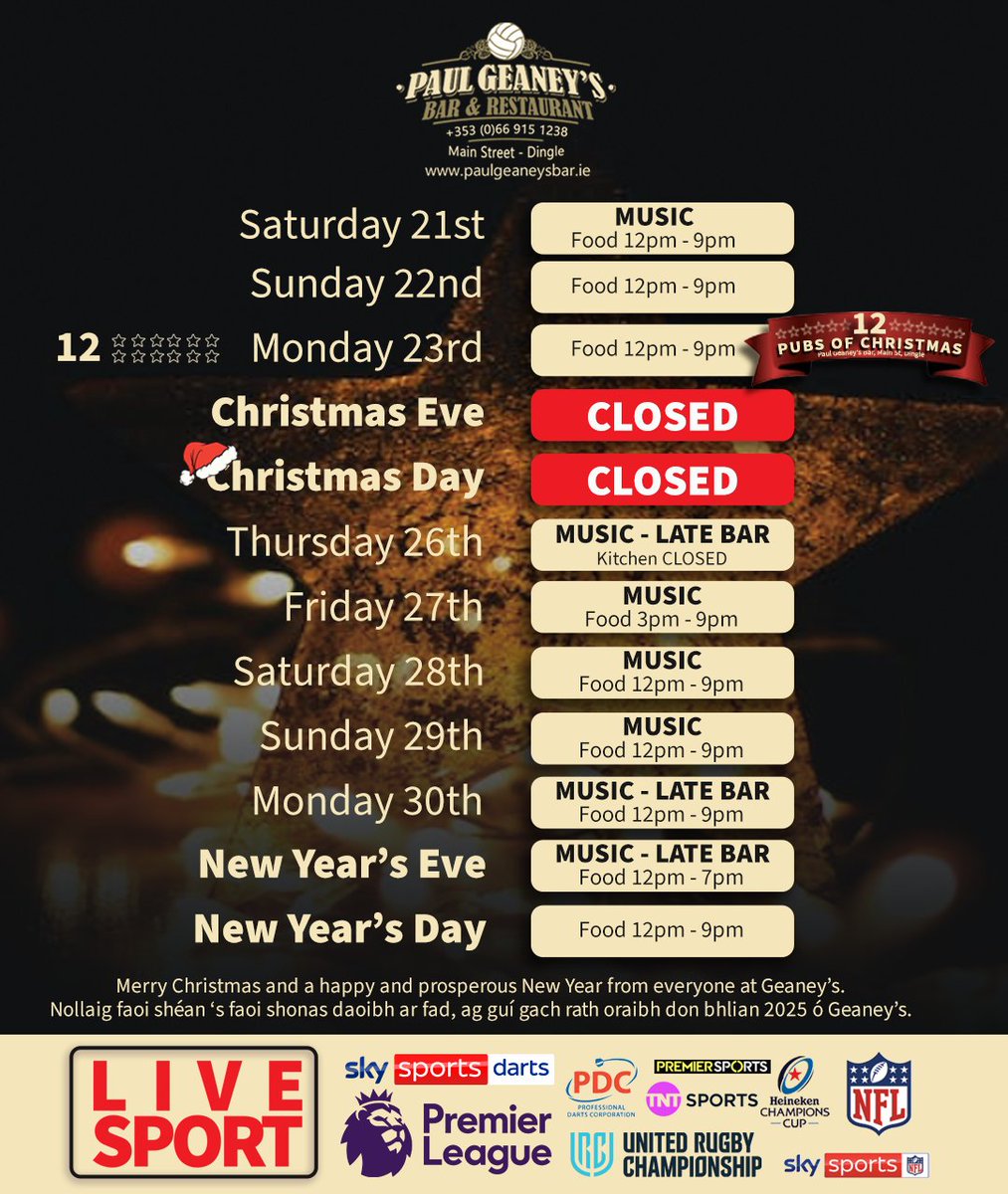 🎄 Call in over Christmas for all the LIVE music, LIVE sport, pints, cocktails &amp; delicious food and all the craic! 

12 PUBS OF CHRISTMAS 
Monday 23rd

LATE BAR 🍻 Thursday 26th - Monday 30th - Tuesday 31st

LIVE MUSIC 💃 Sat 21st - Thurs 26th - Fri 27th - Sat 28th - Sun 29th