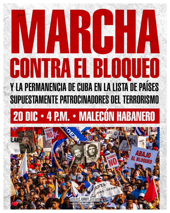 ✊ Por la unidad, por la justicia y por la soberanía marcharemos mañana, para exigir el fin del bloqueo económico, comercial y financiero que se nos impone, y denunciar nuestra inclusión en la espuria lista de países supuestamente patrocinadores del terrorismo.  

#TumbaElBloqueo