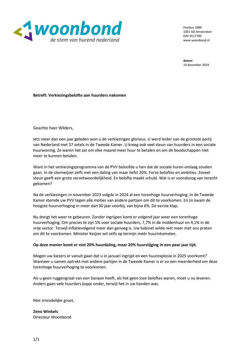 20% huurverlaging beloofde <a href="/geertwilderspvv/">Geert Wilders</a> aan zijn kiezers. Tot nu toe stemde hij tegen iedere motie om een huurexplosie te voorkomen.

📝In een brief schrijft <a href="/ZenoWinkels/">Zeno Winkels</a> aan hem: "Als u geen ruggengraat van een banaan heeft, moet u nu leveren."

👇👇👇