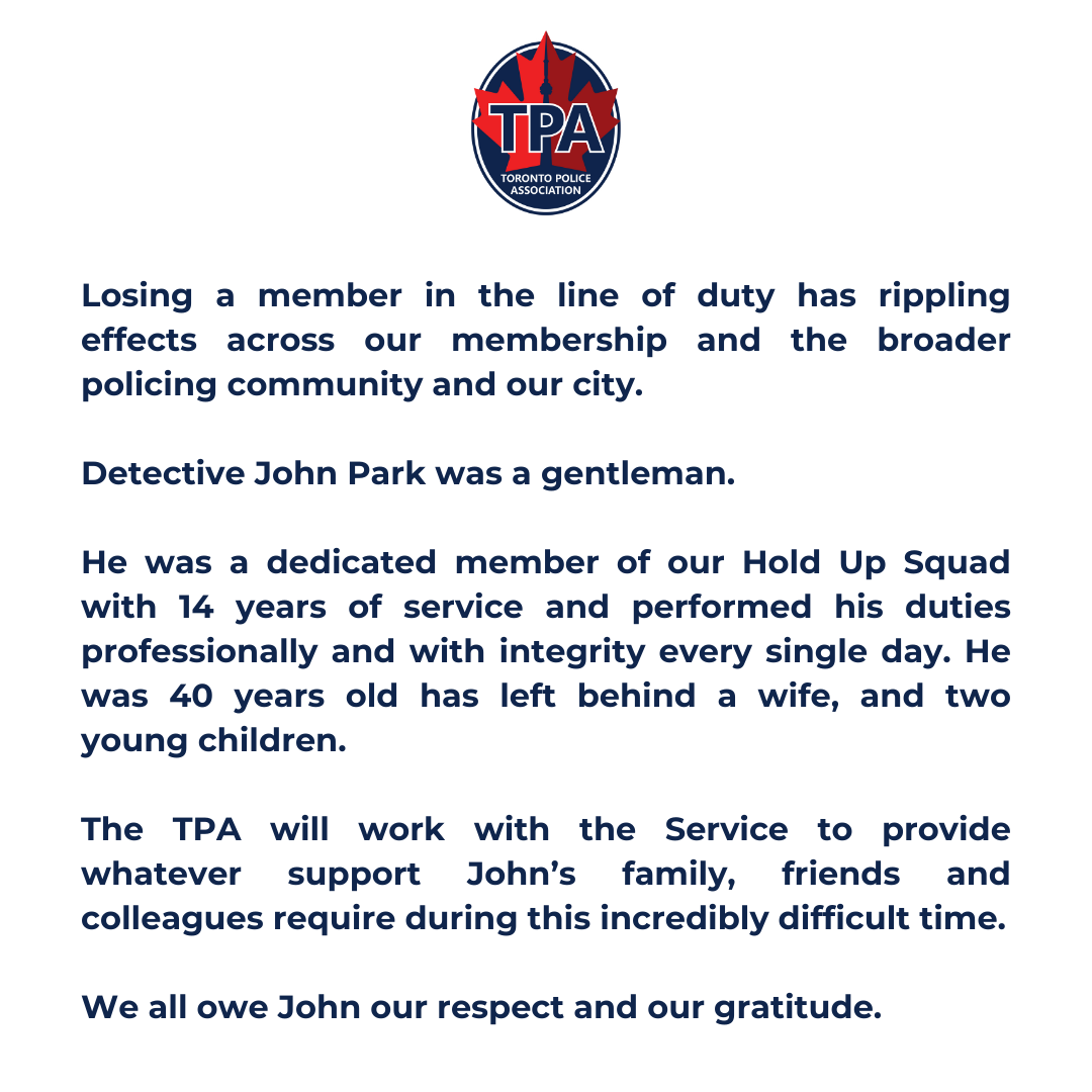 Losing a member in the line of duty has rippling effects across our membership and the broader policing community and our city. 
 
Detective John Park was a gentleman.

He was a dedicated member of our Hold Up Squad with 14 years of service and performed his duties professionally