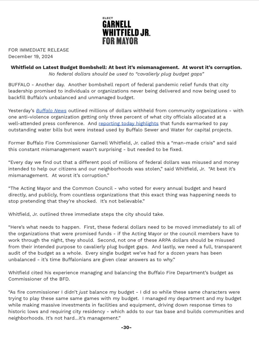 Every day we find out that a different pool of millions of federal dollars was misused and money intended to help our citizens and our neighborhoods was stolen. At best it’s mismanagement. At worst it’s corruption.

My full statement on Buffalo's American Rescue Plan funding. 👇🏾