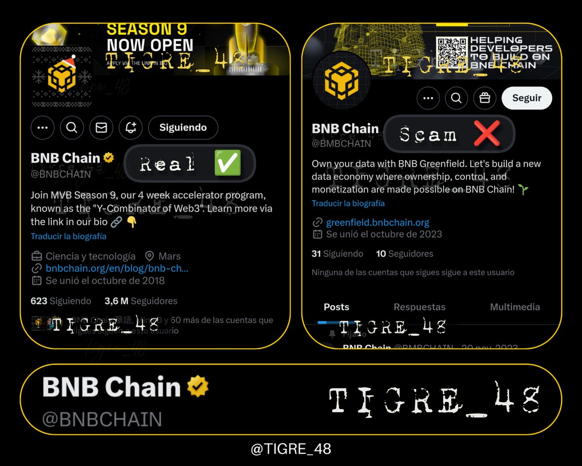🕵️ Beware of fake accounts

✅ <a href="/BNBCHAIN/">BNB Chain</a> 
❌ <a href="/BMBCHAIN/">BNB Chain</a> 

🔸 Scams imitate official profiles 🎭 .

👮‍♂️🚨 Always check:

🔸 Important official accounts are often followed by other important official companies or influencers Important . 
• ( This applies to <a href="/BNBCHAIN/">BNB Chain</a>  which is an
