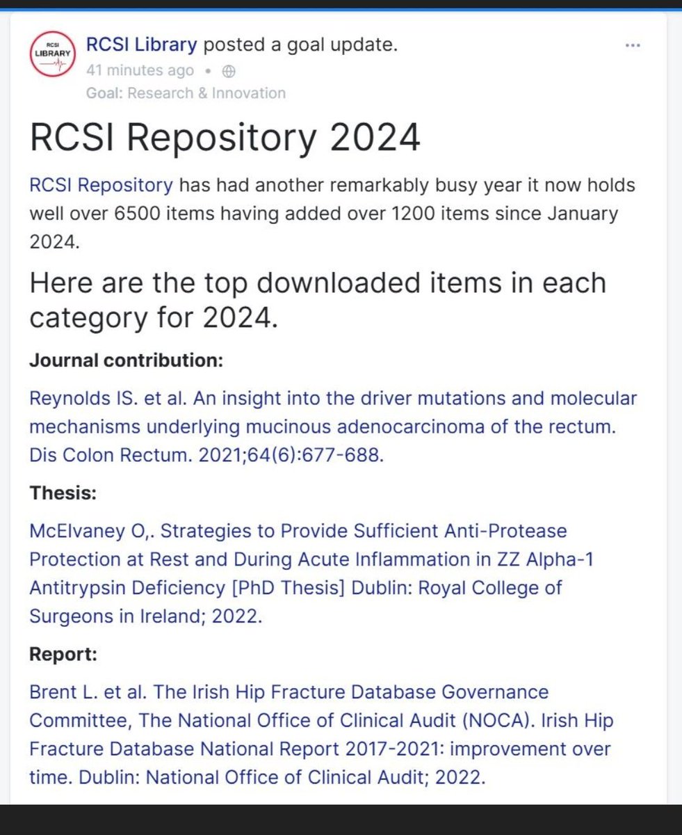 Truly humbled to see the Irish Hip Fracture Database National Report from <a href="/noca_irl/">National Office of Clinical Audit</a> featured in the Top 3 downloaded documents in the <a href="/RCSI_Irl/">RCSI</a> repository for 2024.